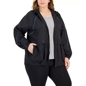 ID Ideology Women's Plus Size Packable Zip-Front Hooded Jacket Deep Black New
